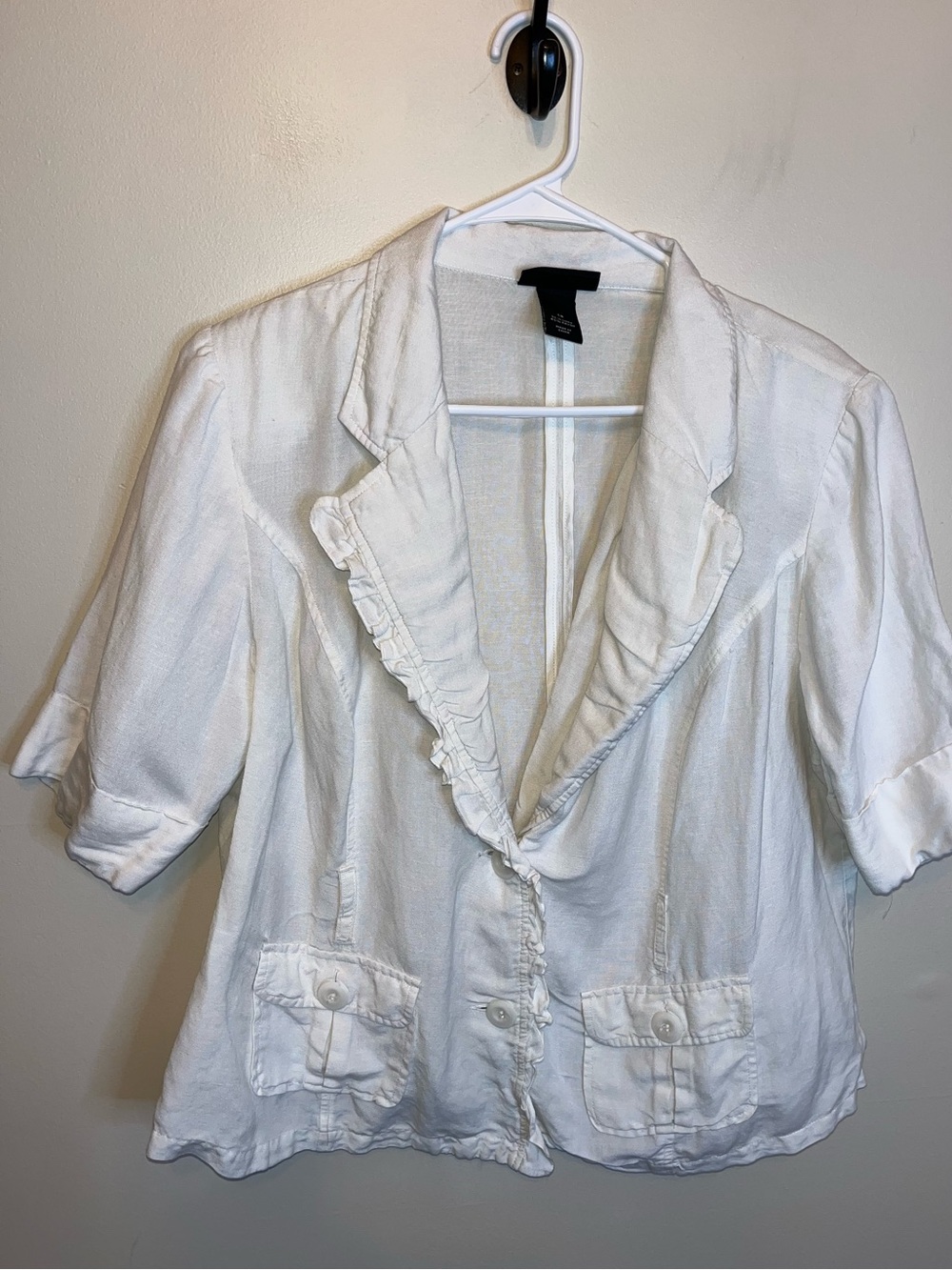 Lane Bryant Women’s White Linen Blend Short Sleeve Ruffle Blazer Size 18 EUC